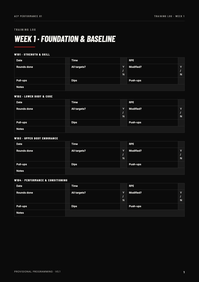 AEP Performance 01 guide page: 3 training log